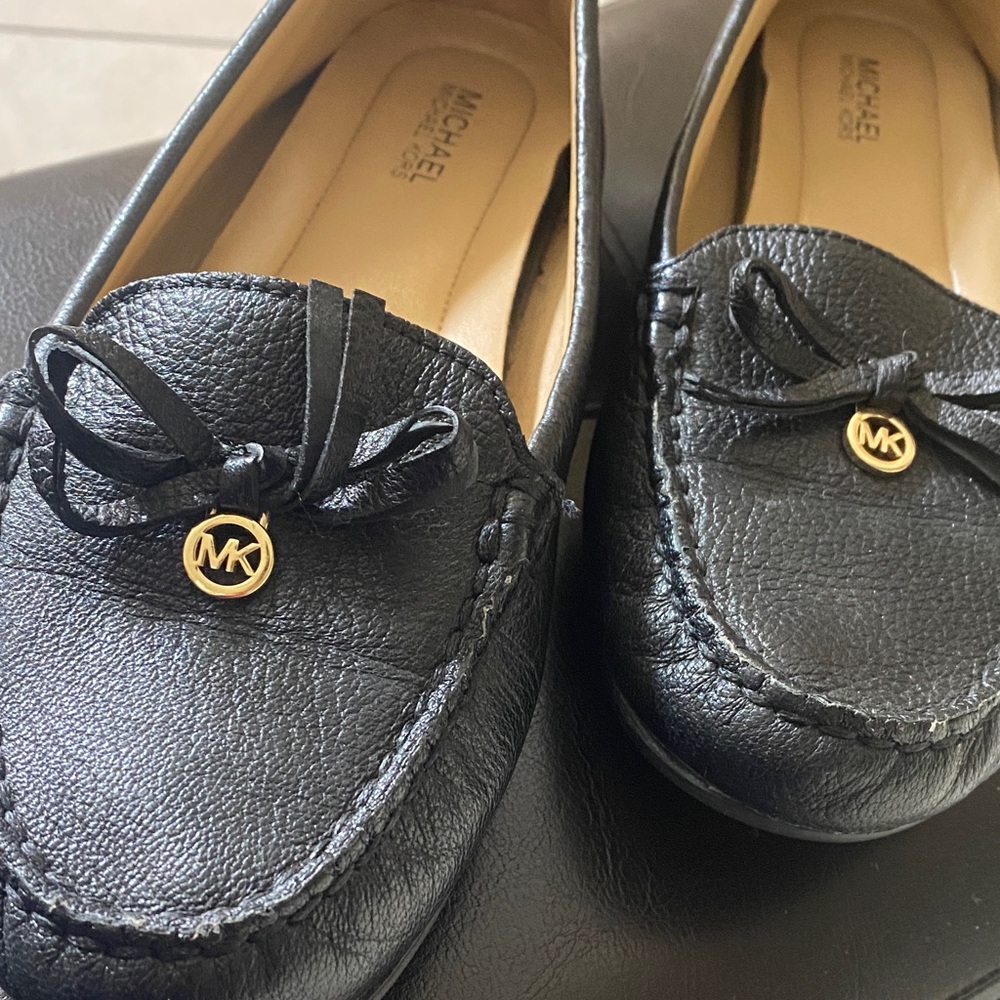 Michael Kors Black Leather Moccasin Loafers with Gold MK Charm